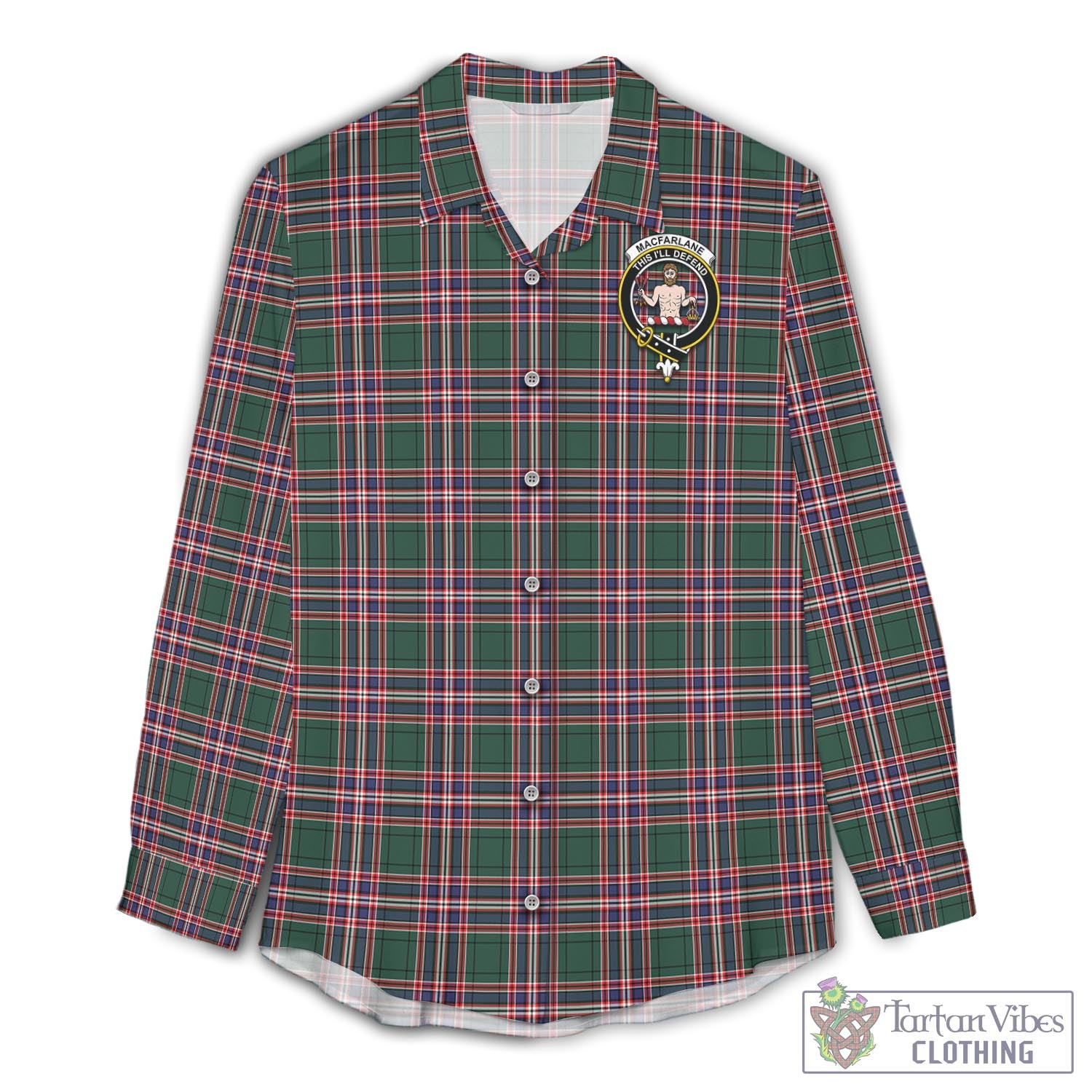 Tartan Vibes Clothing MacFarlane Hunting Modern Tartan Womens Casual Shirt with Family Crest