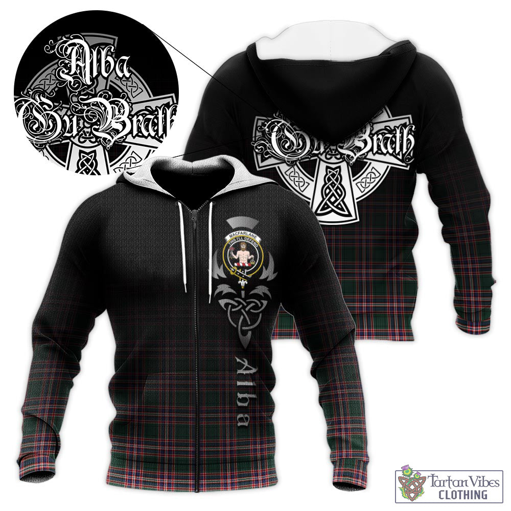 Tartan Vibes Clothing MacFarlane Hunting Modern Tartan Knitted Hoodie Featuring Alba Gu Brath Family Crest Celtic Inspired