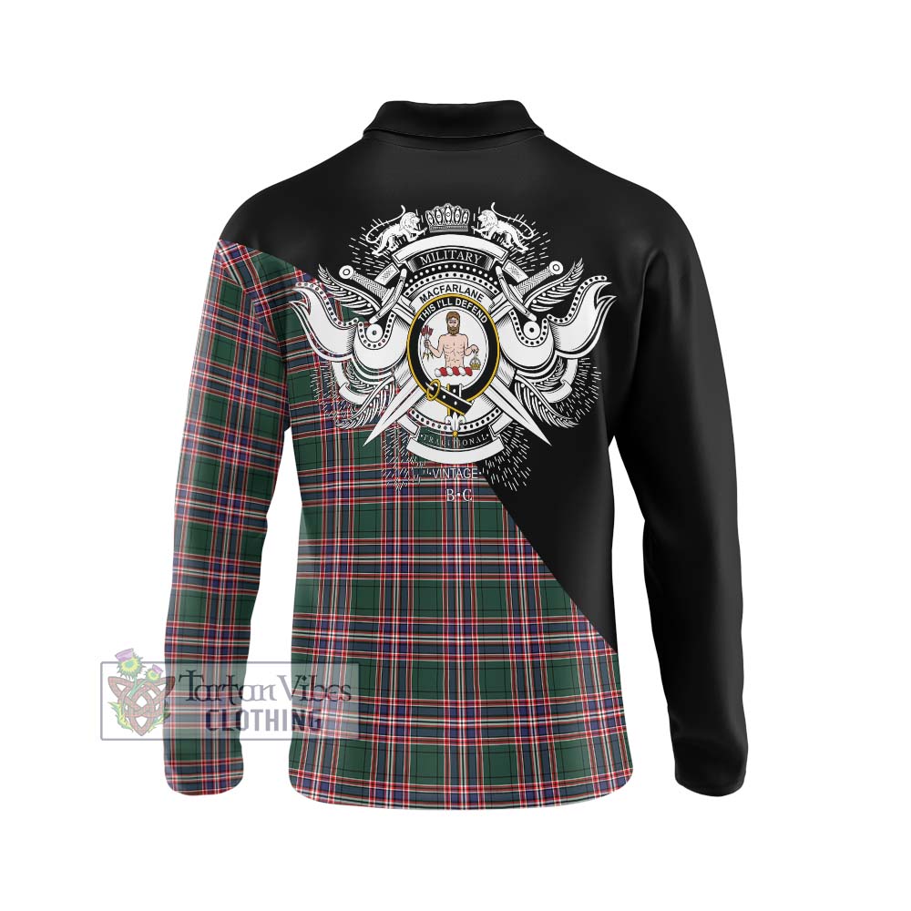 MacFarlane Hunting Modern Tartan Long Sleeve Polo Shirt with Family Crest and Military Logo Style - Tartanvibesclothing Shop