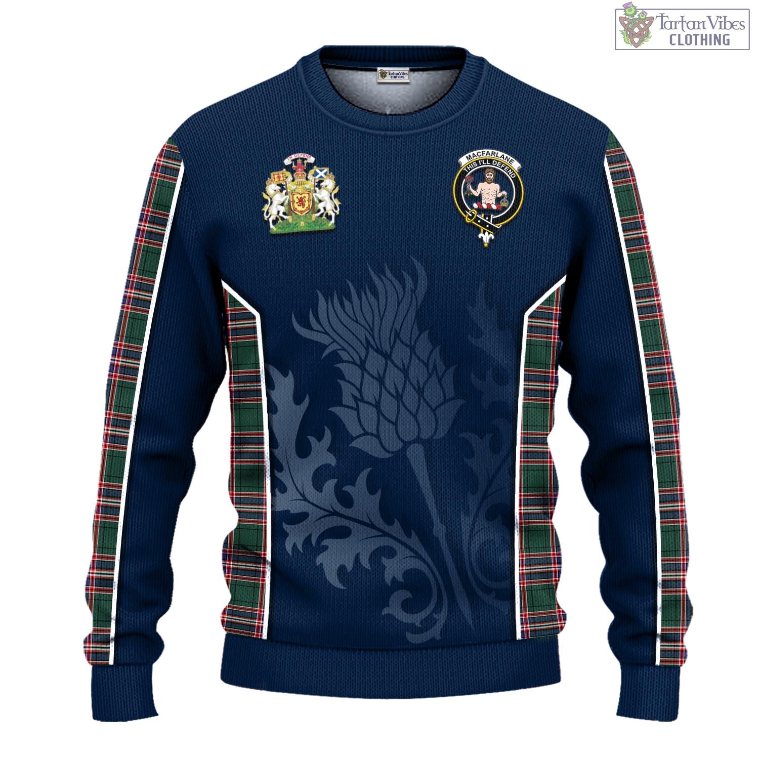 Tartan Vibes Clothing MacFarlane Hunting Modern Tartan Knitted Sweatshirt with Family Crest and Scottish Thistle Vibes Sport Style