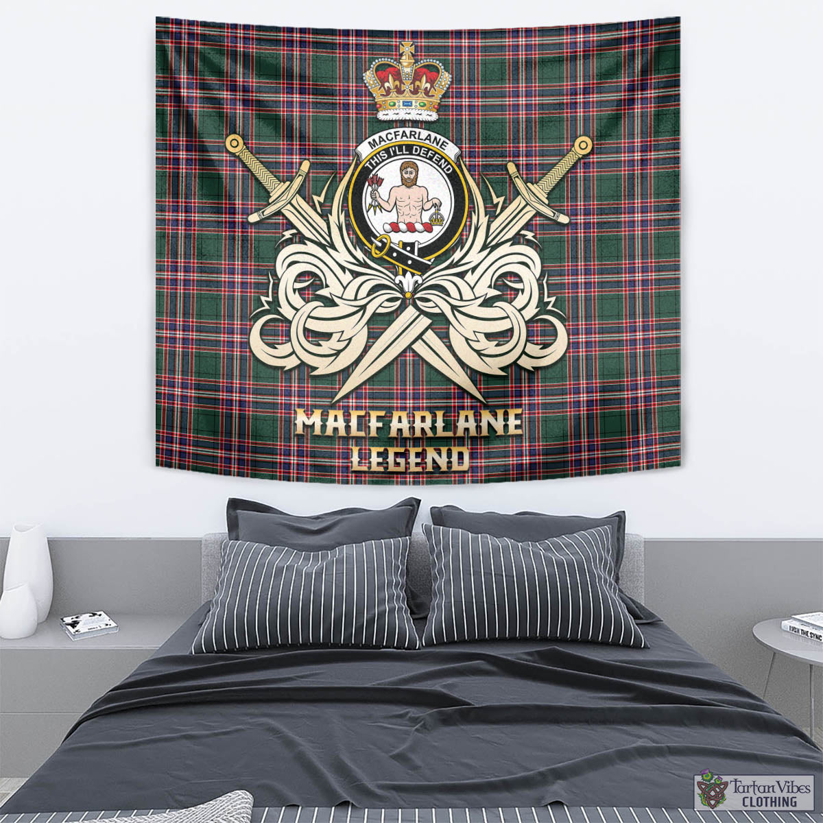 Tartan Vibes Clothing MacFarlane Hunting Modern Tartan Tapestry with Clan Crest and the Golden Sword of Courageous Legacy