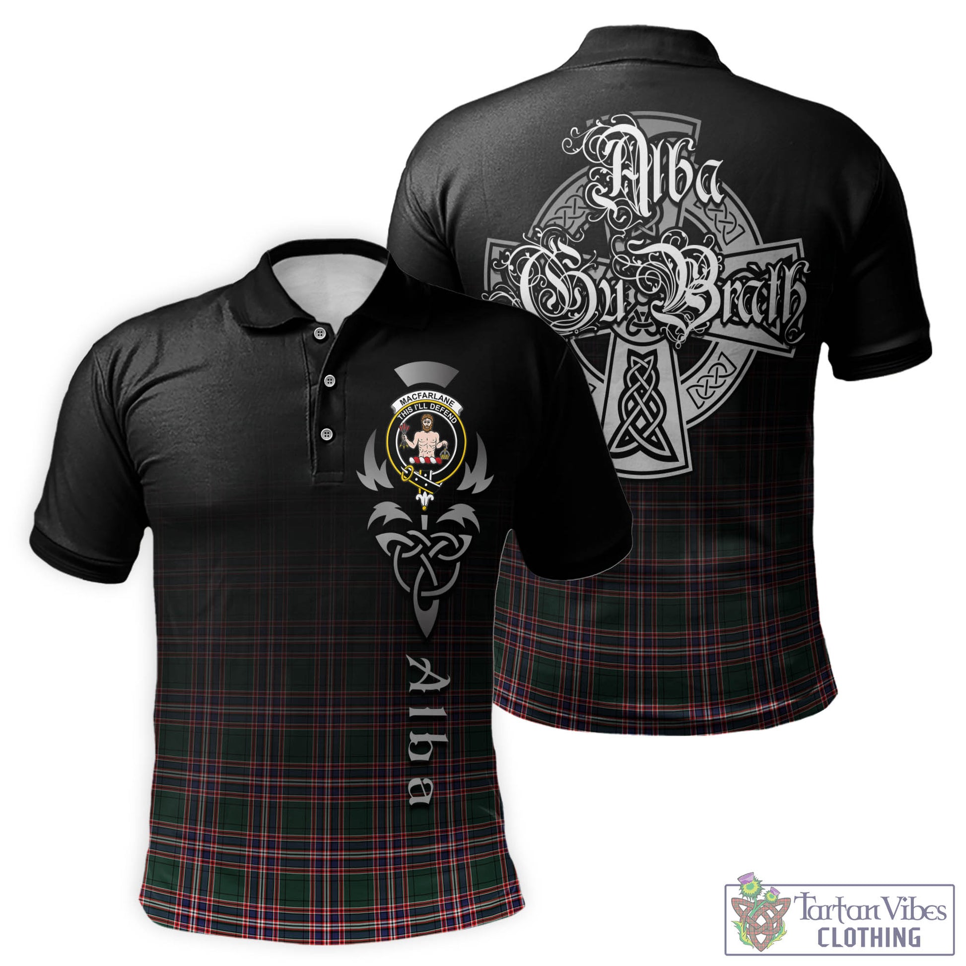 Tartan Vibes Clothing MacFarlane Hunting Modern Tartan Polo Shirt Featuring Alba Gu Brath Family Crest Celtic Inspired