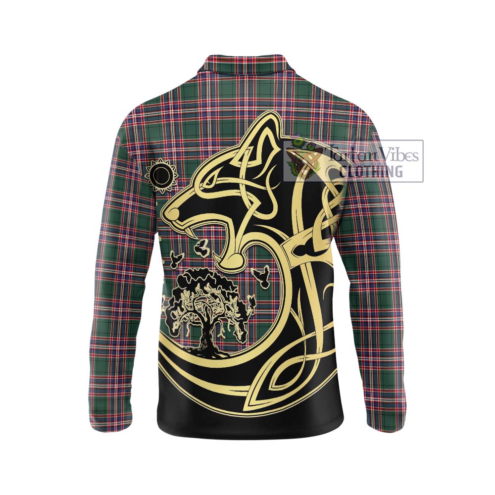 Tartan Vibes Clothing MacFarlane Hunting Modern Tartan Long Sleeve Polo Shirt with Family Crest Celtic Wolf Style