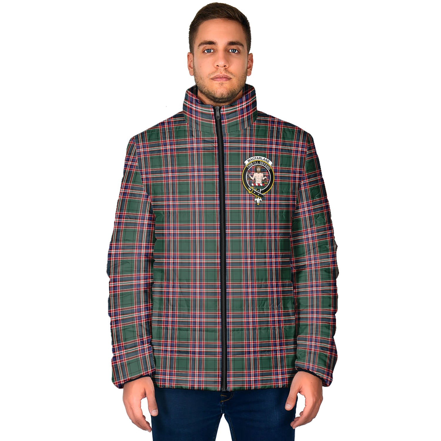 MacFarlane Hunting Modern Tartan Padded Jacket with Family Crest - Tartan Vibes Clothing