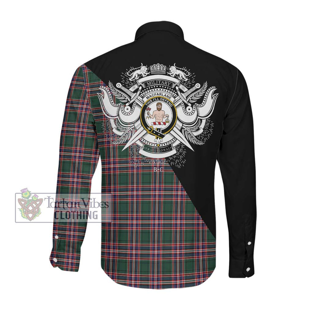 MacFarlane Hunting Modern Tartan Long Sleeve Button Shirt with Family Crest and Military Logo Style Men's Shirt - Tartanvibesclothing Shop