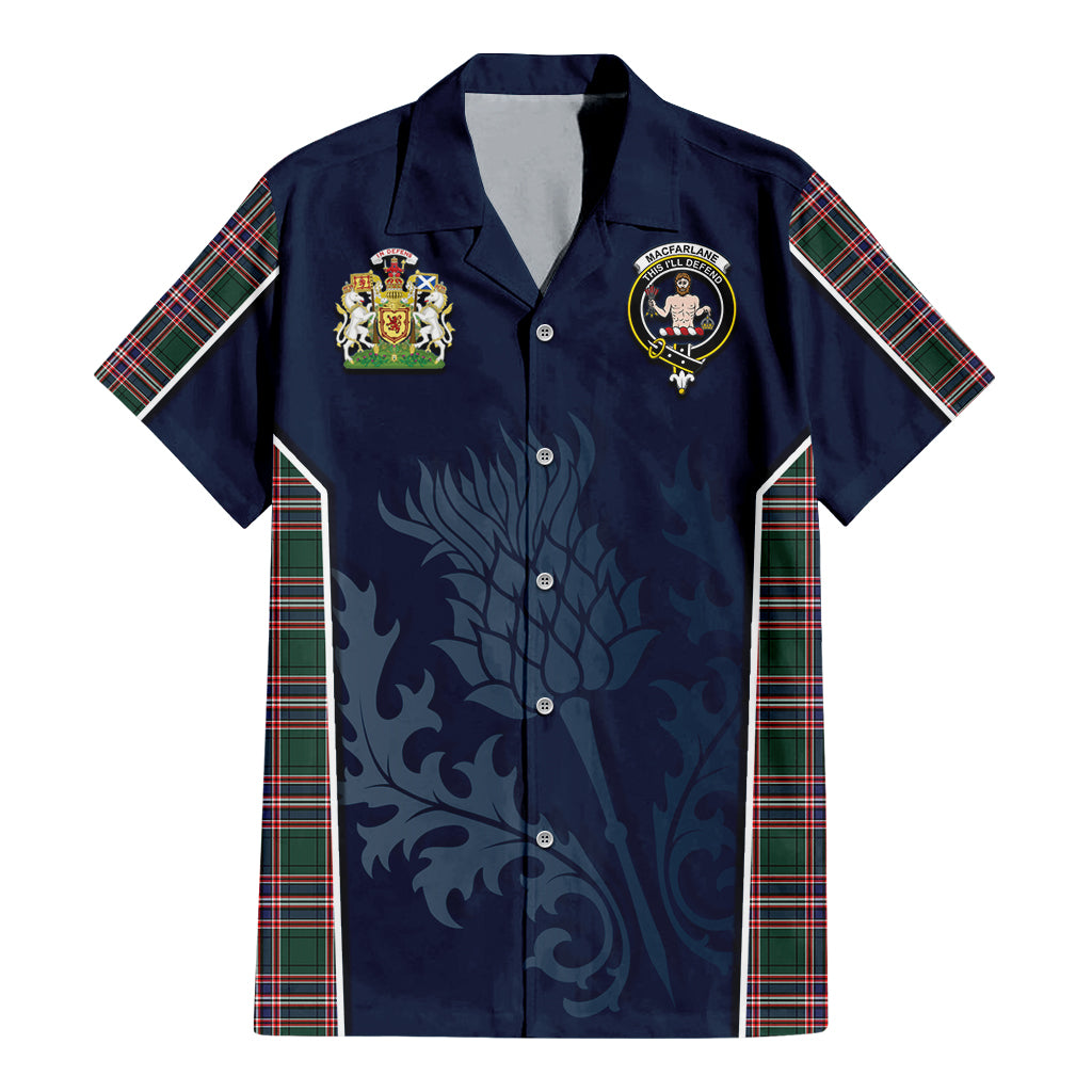 Tartan Vibes Clothing MacFarlane Hunting Modern Tartan Short Sleeve Button Up Shirt with Family Crest and Scottish Thistle Vibes Sport Style