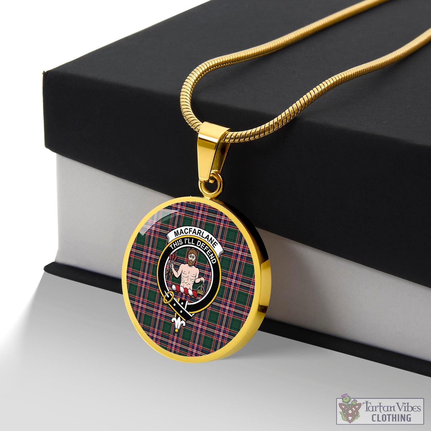 Tartan Vibes Clothing MacFarlane Hunting Modern Tartan Circle Necklace with Family Crest