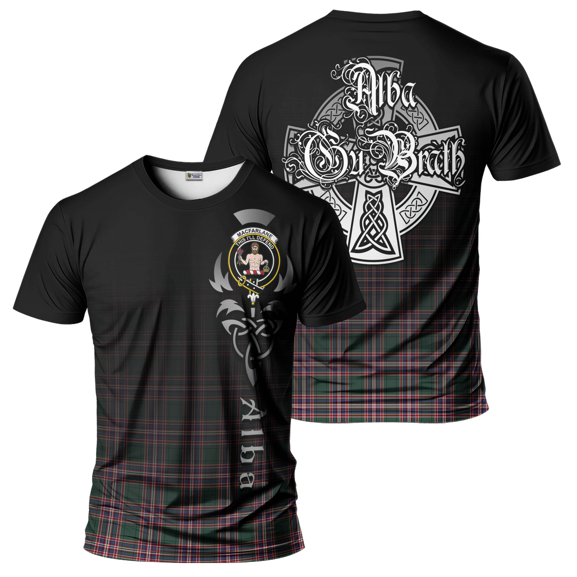 Tartan Vibes Clothing MacFarlane Hunting Modern Tartan T-Shirt Featuring Alba Gu Brath Family Crest Celtic Inspired