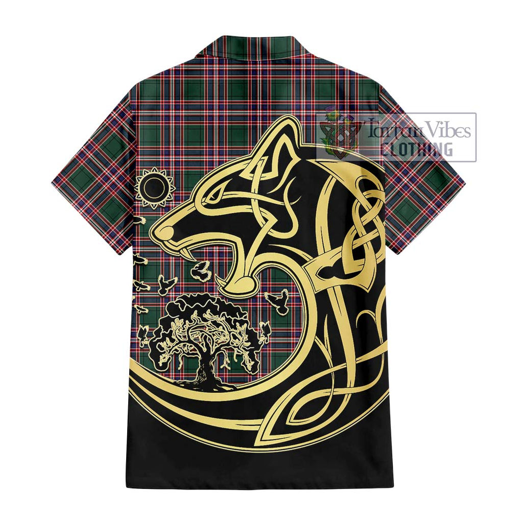 MacFarlane Hunting Modern Tartan Short Sleeve Button Shirt with Family Crest Celtic Wolf Style - Tartan Vibes Clothing