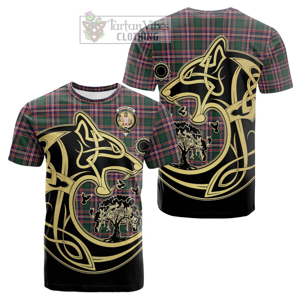 Tartan Vibes Clothing MacFarlane Hunting Modern Tartan Cotton T-shirt with Family Crest Celtic Wolf Style