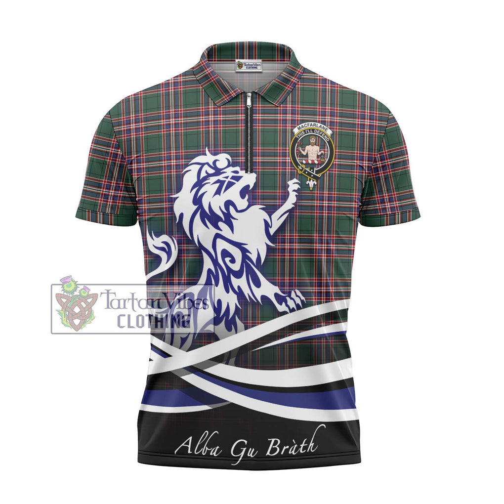 MacFarlane Hunting Modern Tartan Zipper Polo Shirt with Alba Gu Brath Regal Lion Emblem - Tartanvibesclothing Shop