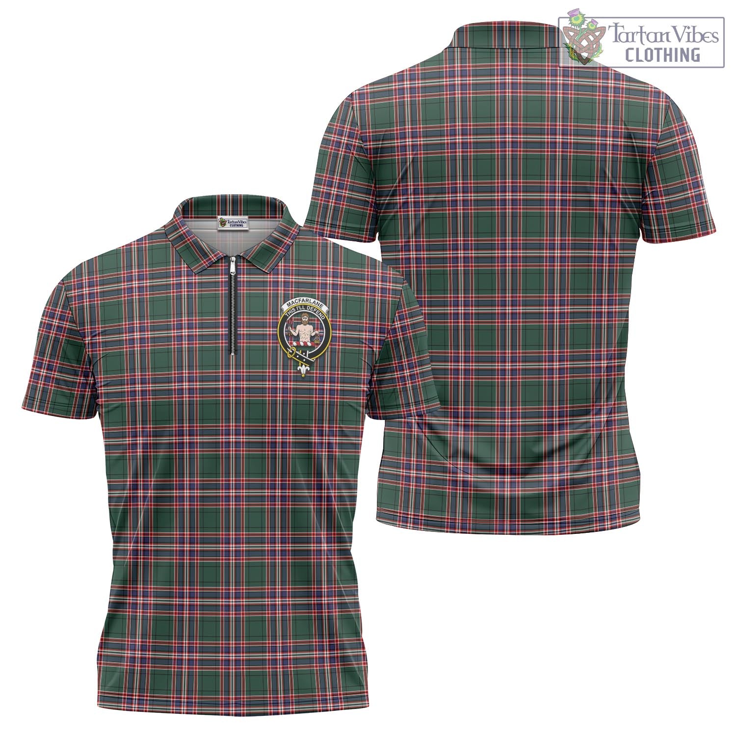 Tartan Vibes Clothing MacFarlane Hunting Modern Tartan Zipper Polo Shirt with Family Crest