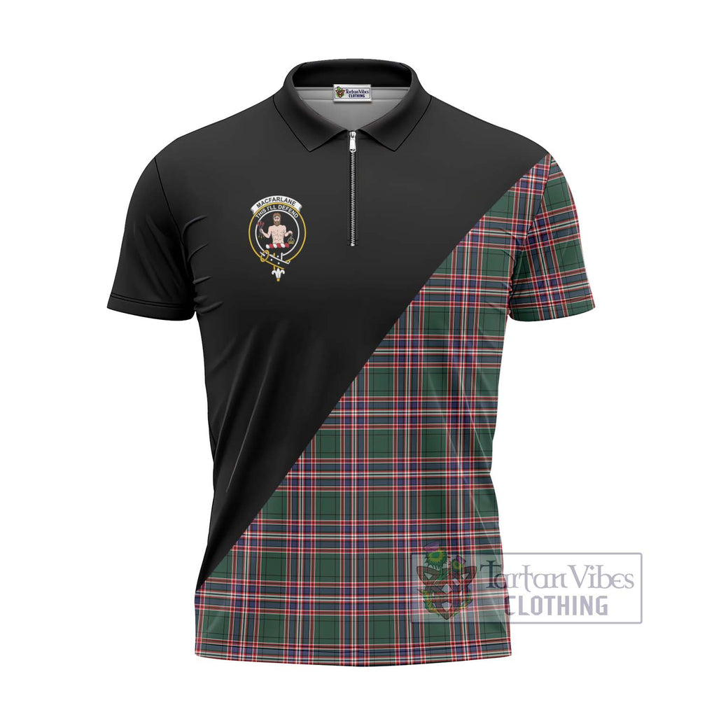 MacFarlane Hunting Modern Tartan Zipper Polo Shirt with Family Crest and Military Logo Style - Tartanvibesclothing Shop