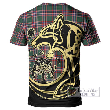 MacFarlane Hunting Modern Tartan T-Shirt with Family Crest Celtic Wolf Style