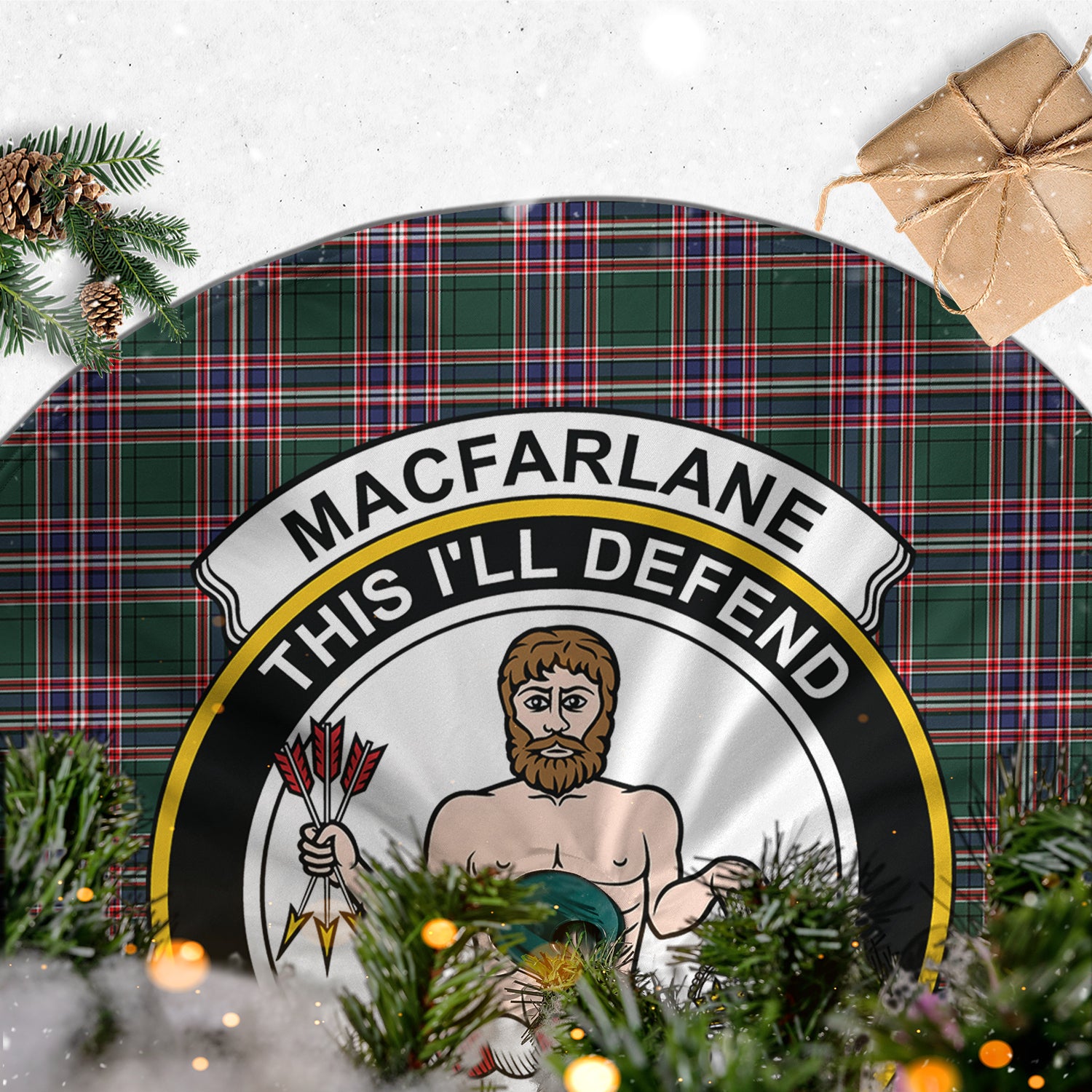 MacFarlane Hunting Modern Tartan Christmas Tree Skirt with Family Crest - Tartanvibesclothing