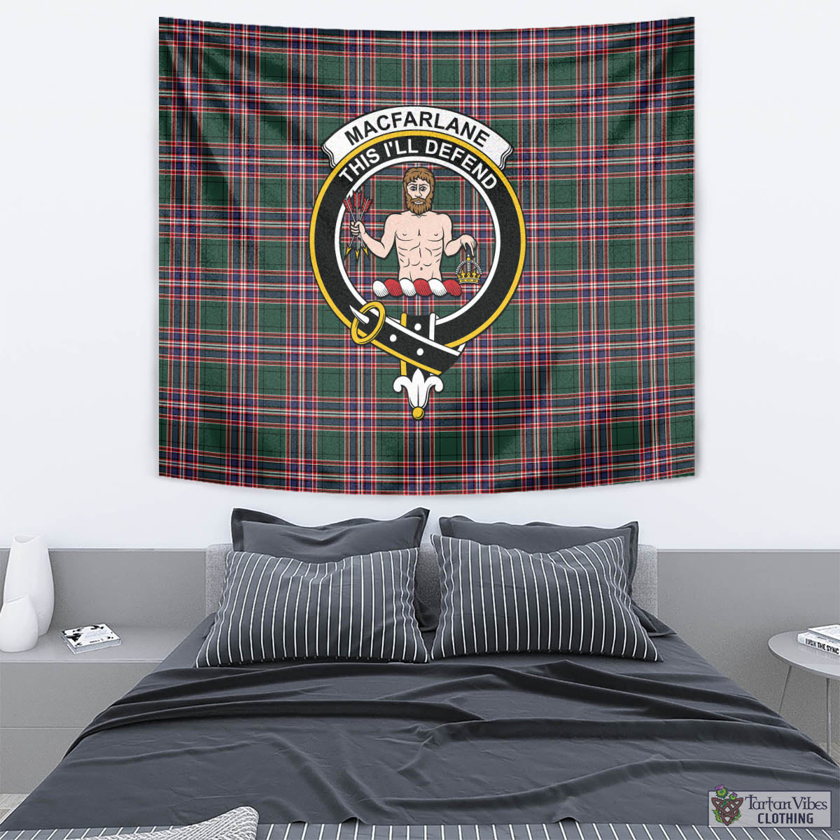 Tartan Vibes Clothing MacFarlane Hunting Modern Tartan Tapestry Wall Hanging and Home Decor for Room with Family Crest