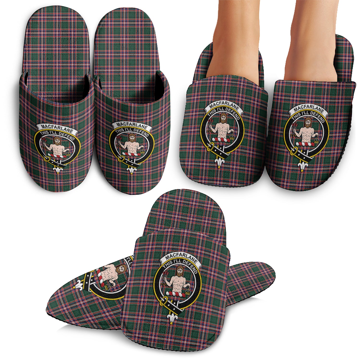 MacFarlane Hunting Modern Tartan Home Slippers with Family Crest - Tartanvibesclothing