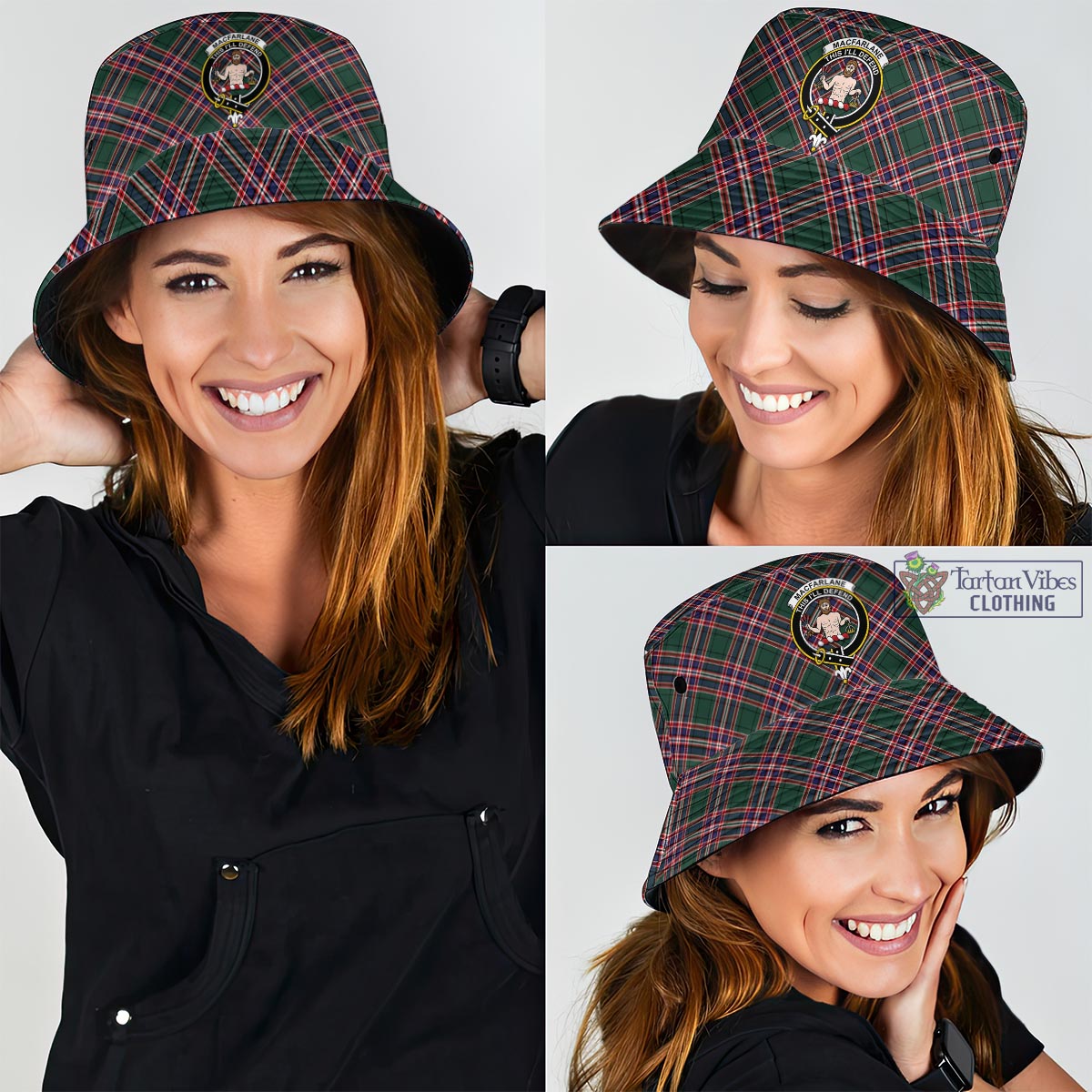 Tartan Vibes Clothing MacFarlane Hunting Modern Tartan Bucket Hat with Family Crest