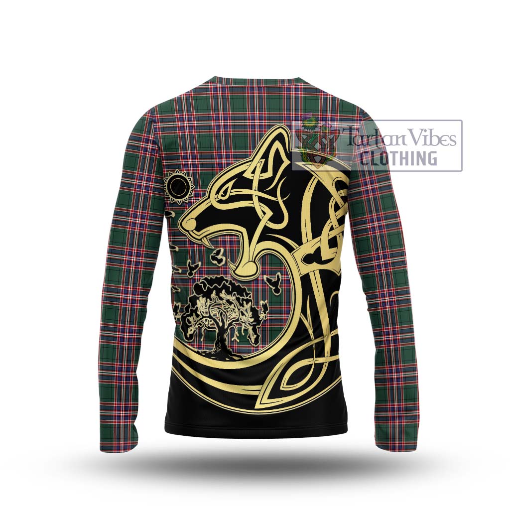 Tartan Vibes Clothing MacFarlane Hunting Modern Tartan Long Sleeve T-Shirt with Family Crest Celtic Wolf Style