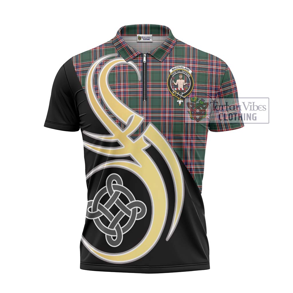 Tartan Vibes Clothing MacFarlane Hunting Modern Tartan Zipper Polo Shirt with Family Crest and Celtic Symbol Style