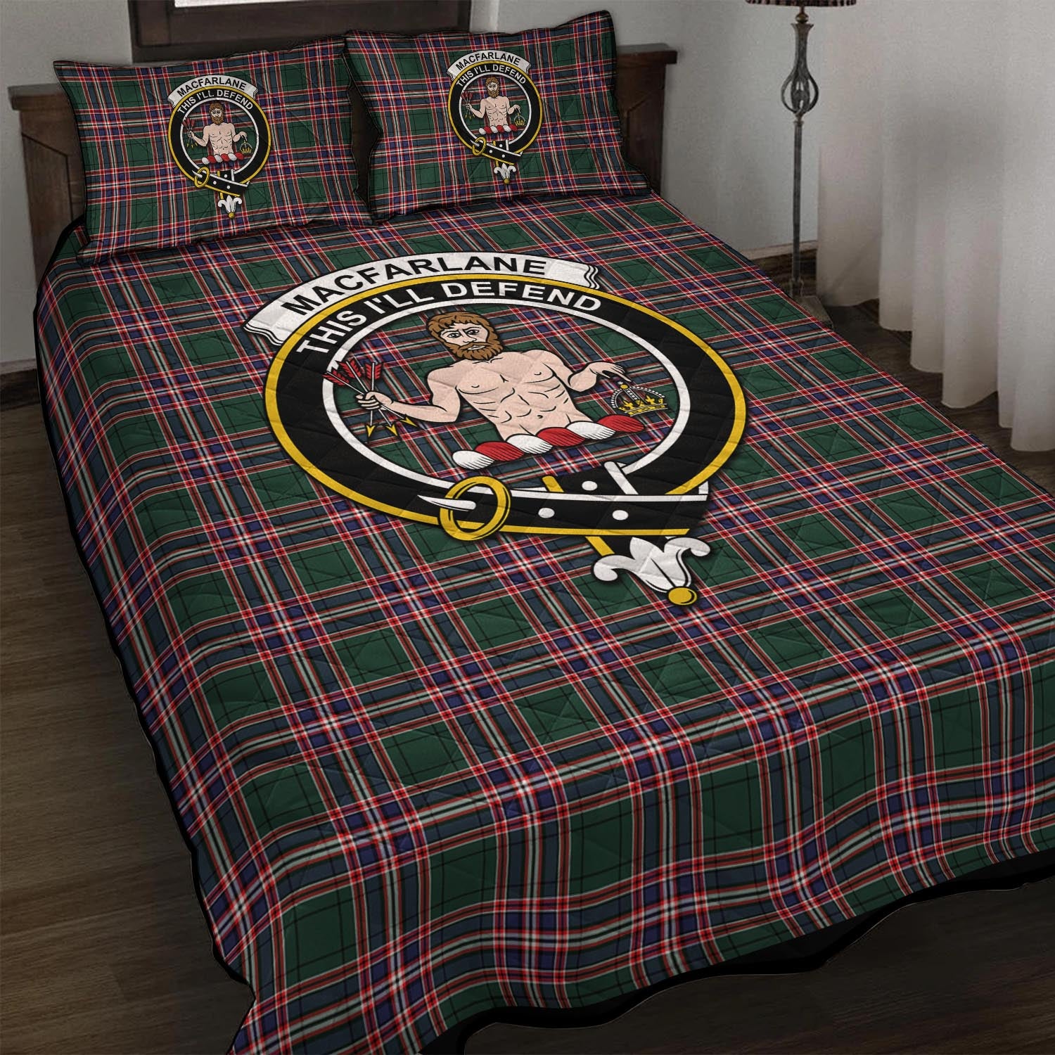 MacFarlane Hunting Modern Tartan Quilt Bed Set with Family Crest - Tartanvibesclothing