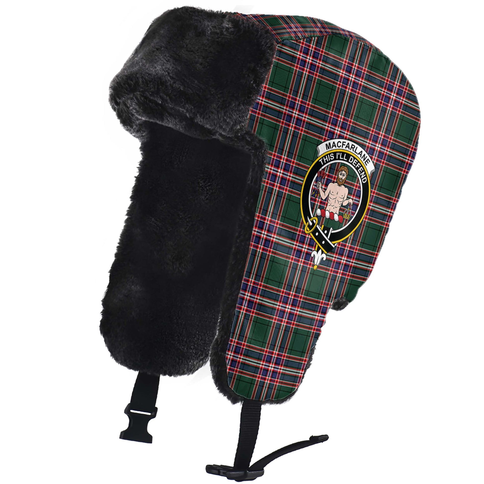 MacFarlane Hunting Modern Tartan Winter Trapper Hat with Family Crest - Tartanvibesclothing