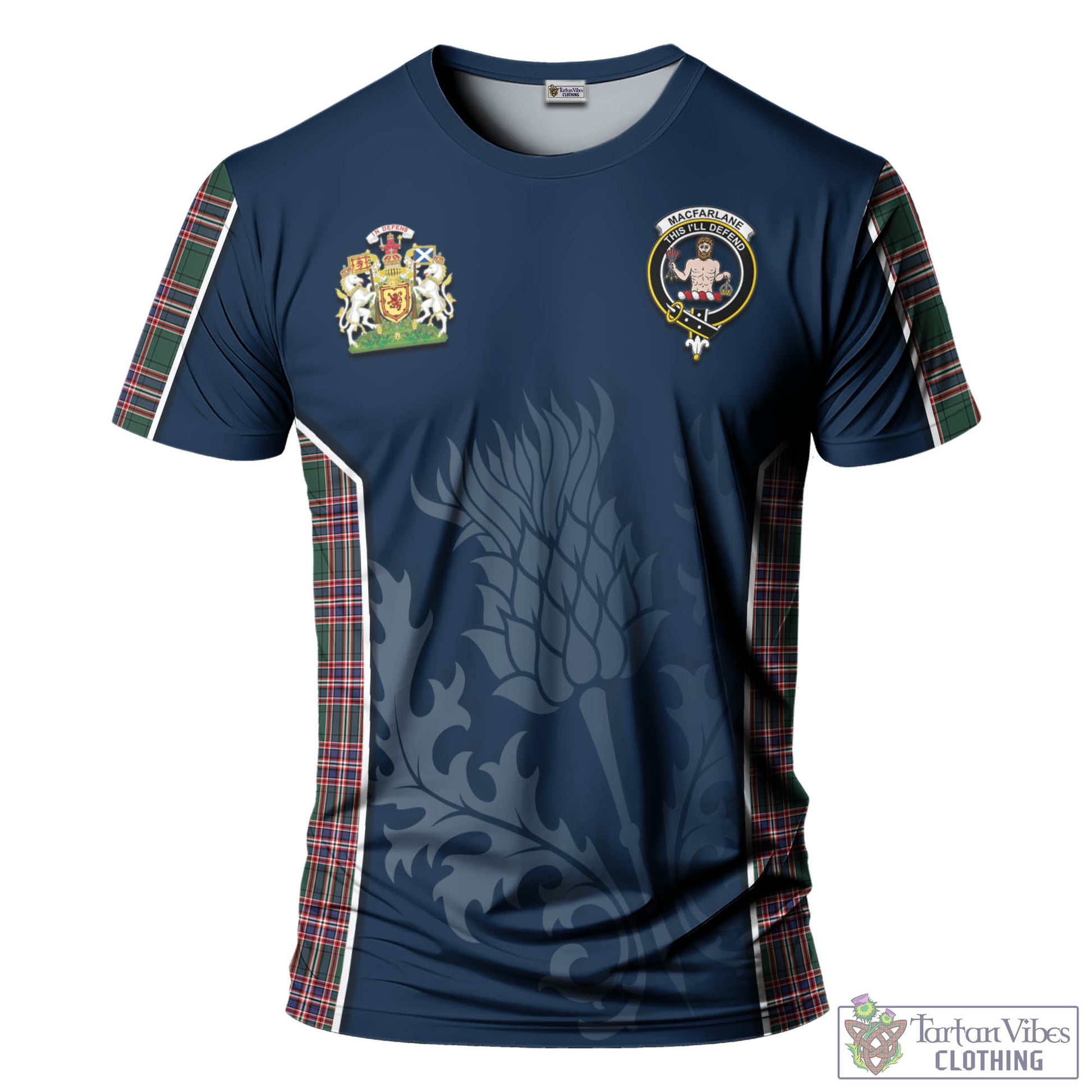 Tartan Vibes Clothing MacFarlane Hunting Modern Tartan T-Shirt with Family Crest and Scottish Thistle Vibes Sport Style