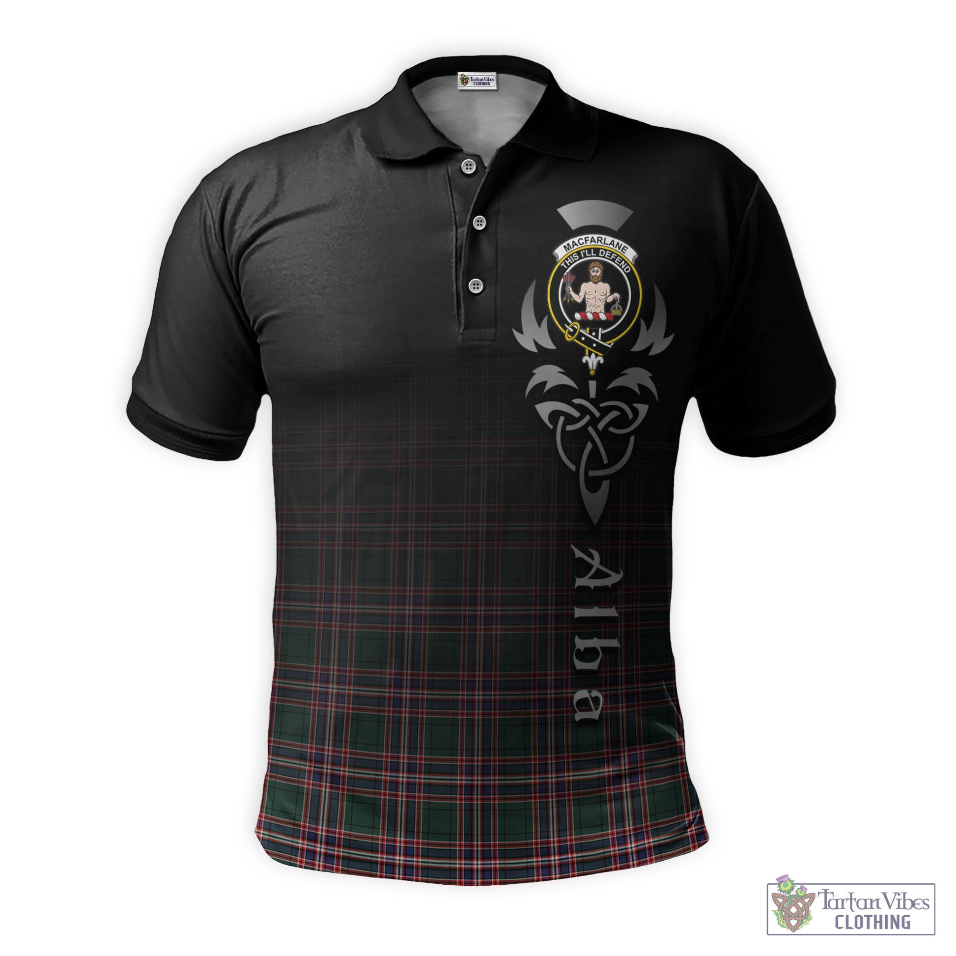 Tartan Vibes Clothing MacFarlane Hunting Modern Tartan Polo Shirt Featuring Alba Gu Brath Family Crest Celtic Inspired
