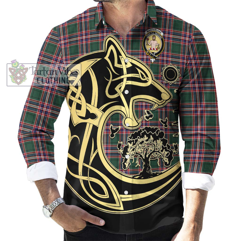 MacFarlane Hunting Modern Tartan Long Sleeve Button Shirt with Family Crest Celtic Wolf Style - Tartan Vibes Clothing