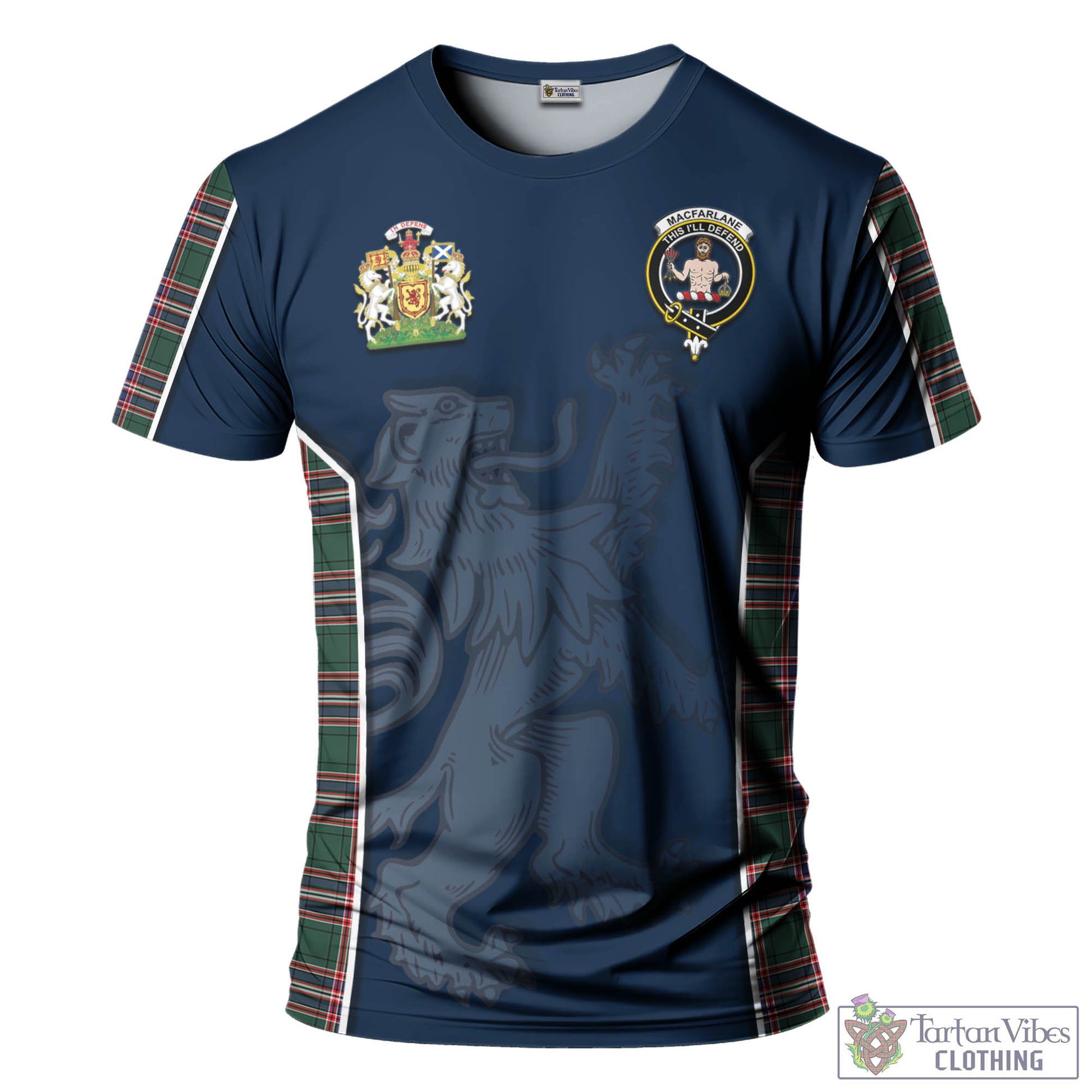 Tartan Vibes Clothing MacFarlane Hunting Modern Tartan T-Shirt with Family Crest and Lion Rampant Vibes Sport Style