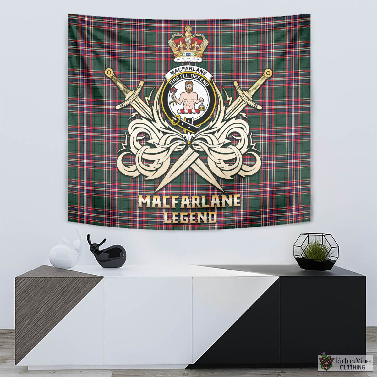 Tartan Vibes Clothing MacFarlane Hunting Modern Tartan Tapestry with Clan Crest and the Golden Sword of Courageous Legacy