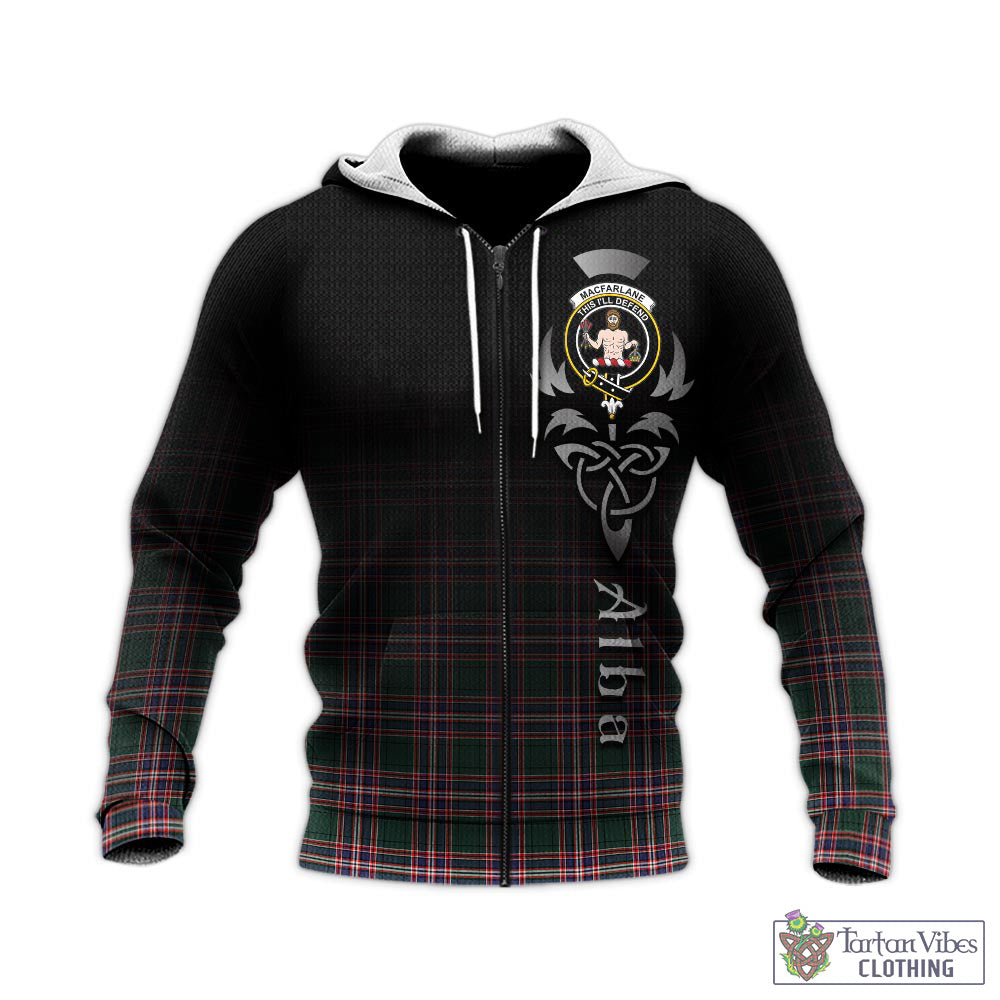 Tartan Vibes Clothing MacFarlane Hunting Modern Tartan Knitted Hoodie Featuring Alba Gu Brath Family Crest Celtic Inspired