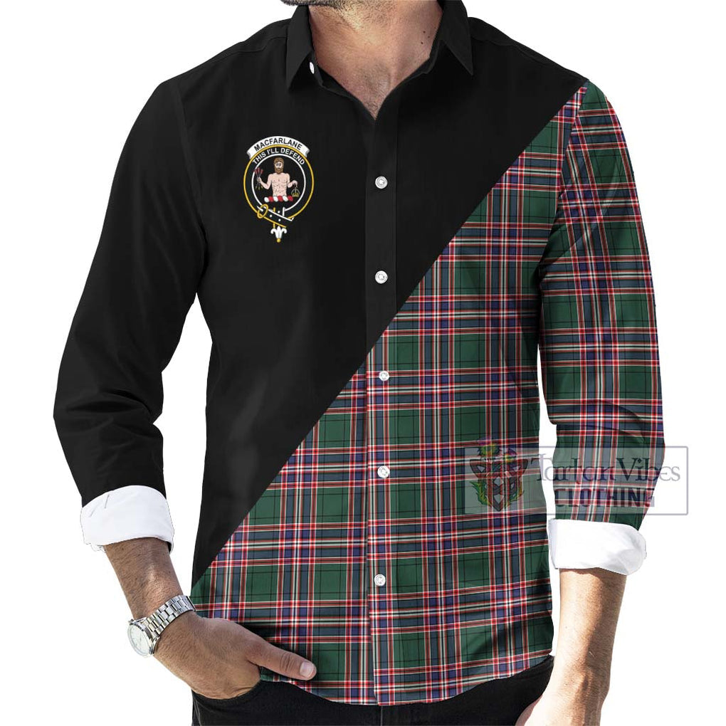 MacFarlane Hunting Modern Tartan Long Sleeve Button Shirt with Family Crest and Military Logo Style - Tartanvibesclothing Shop