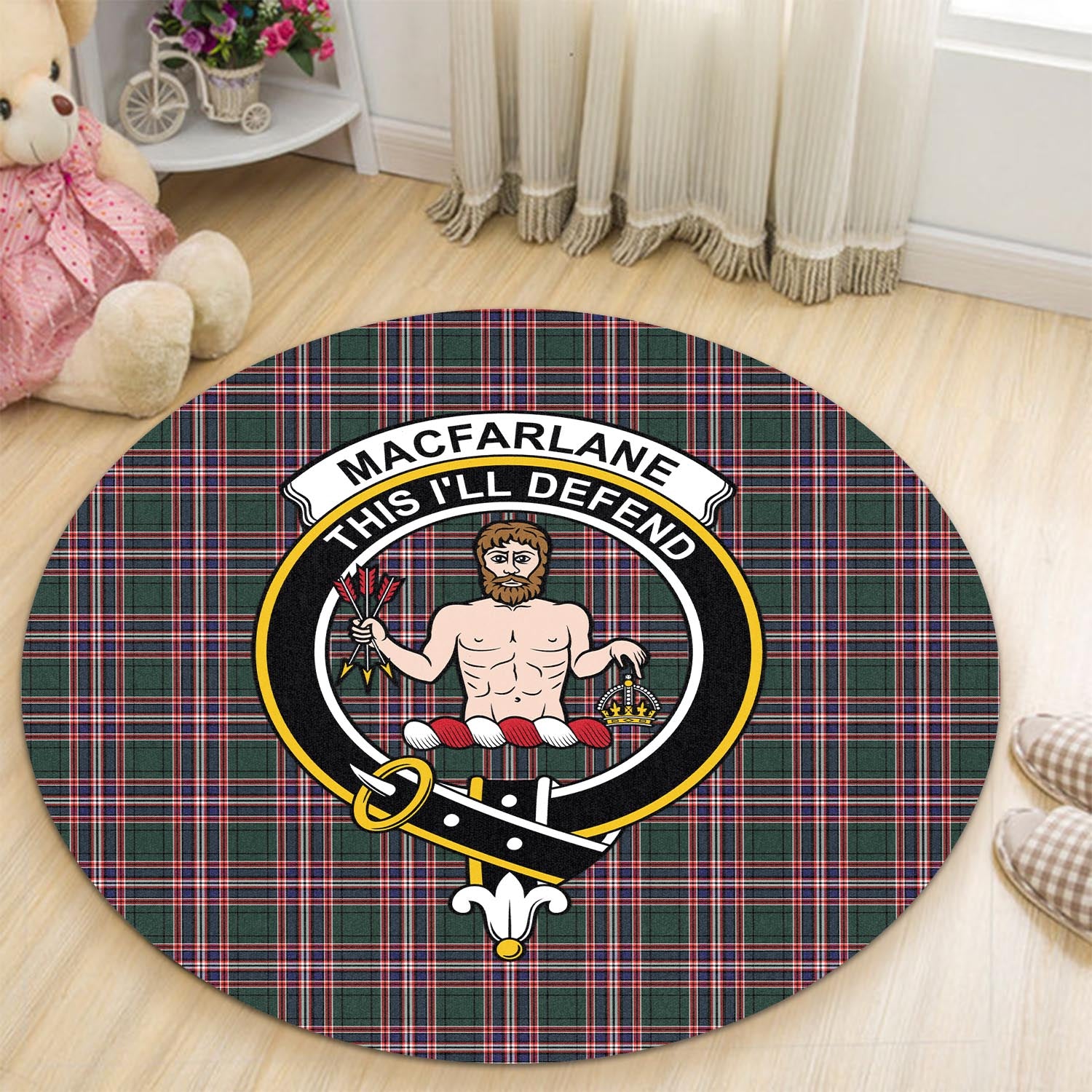 macfarlane-hunting-modern-tartan-round-rug-with-family-crest