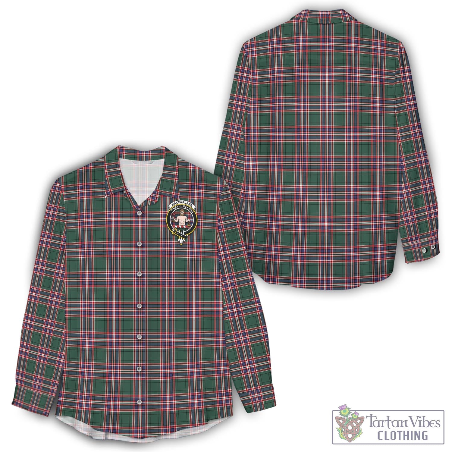 Tartan Vibes Clothing MacFarlane Hunting Modern Tartan Womens Casual Shirt with Family Crest