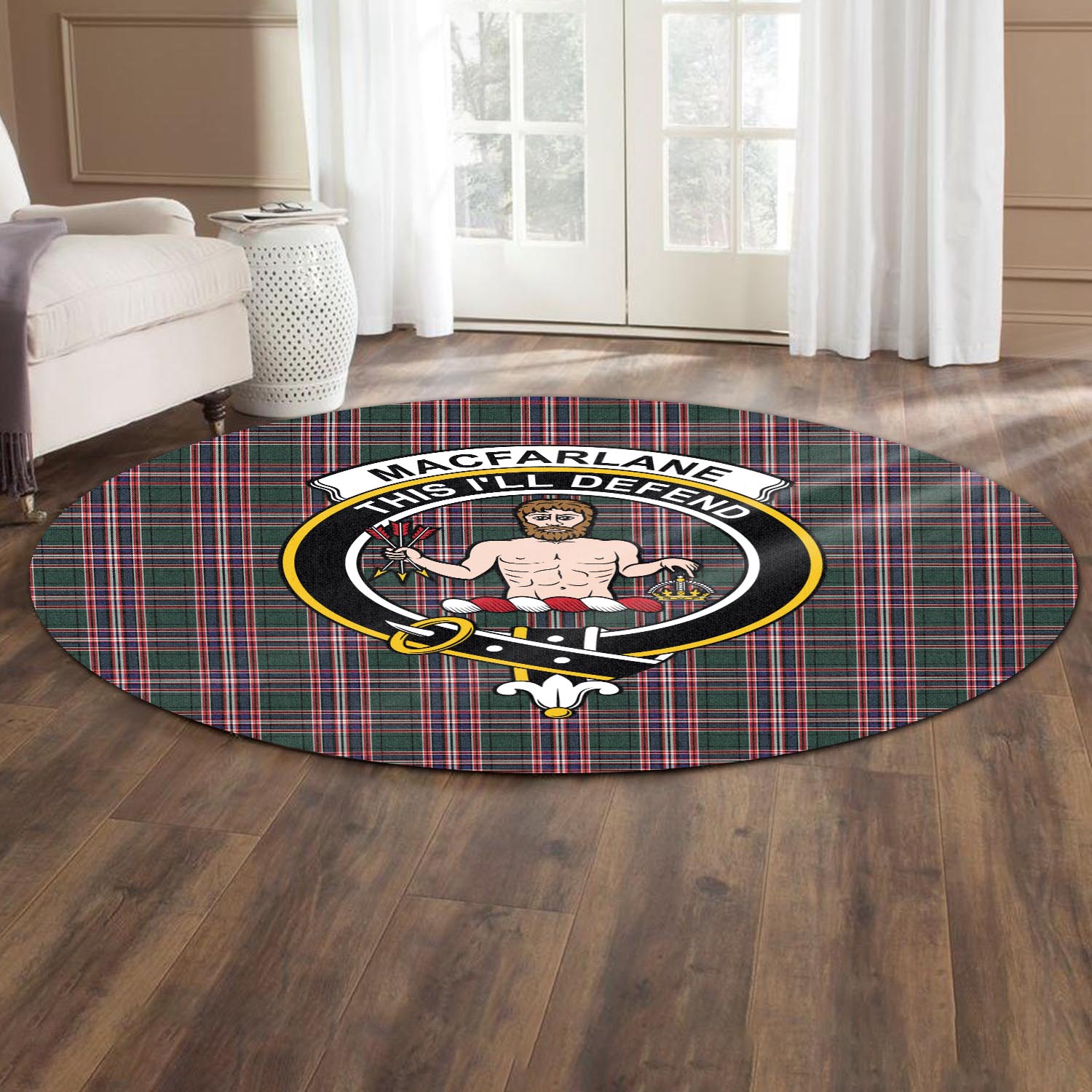 macfarlane-hunting-modern-tartan-round-rug-with-family-crest