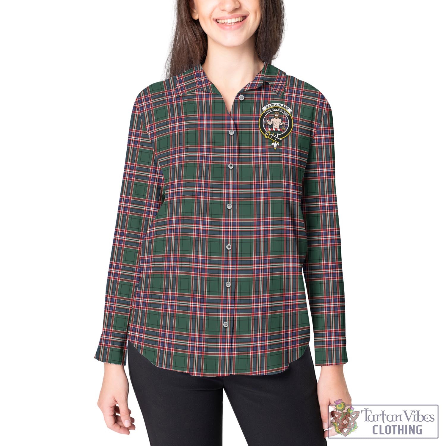 Tartan Vibes Clothing MacFarlane Hunting Modern Tartan Womens Casual Shirt with Family Crest