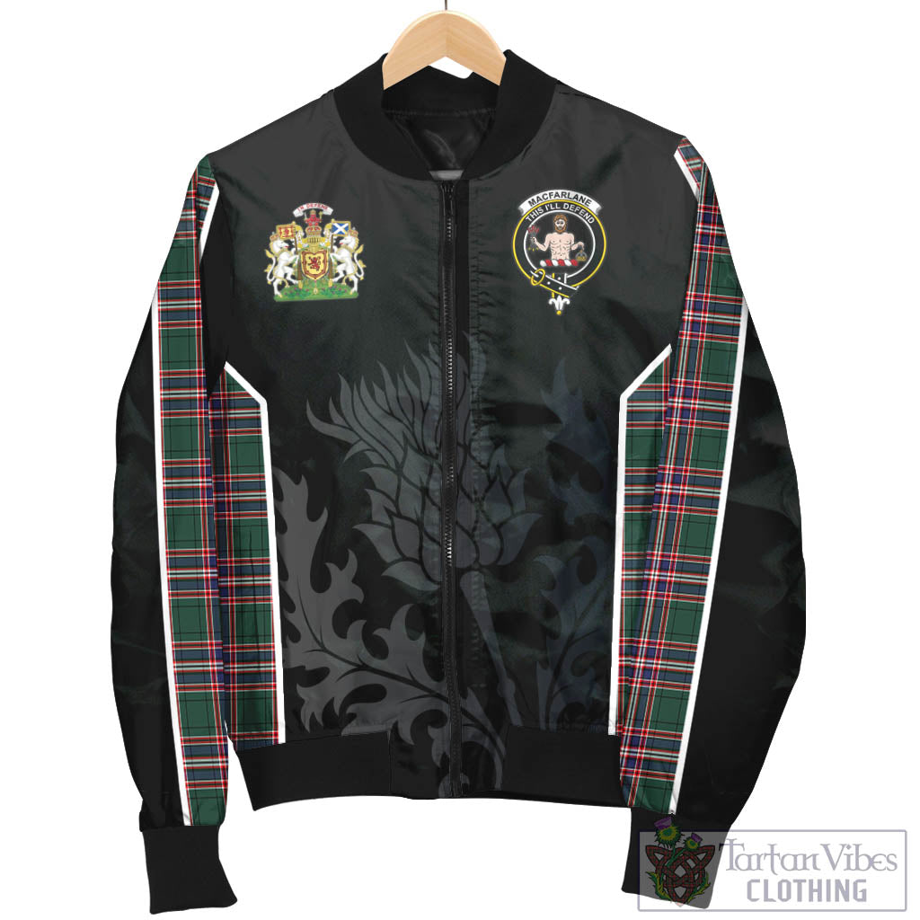 Tartan Vibes Clothing MacFarlane Hunting Modern Tartan Bomber Jacket with Family Crest and Scottish Thistle Vibes Sport Style