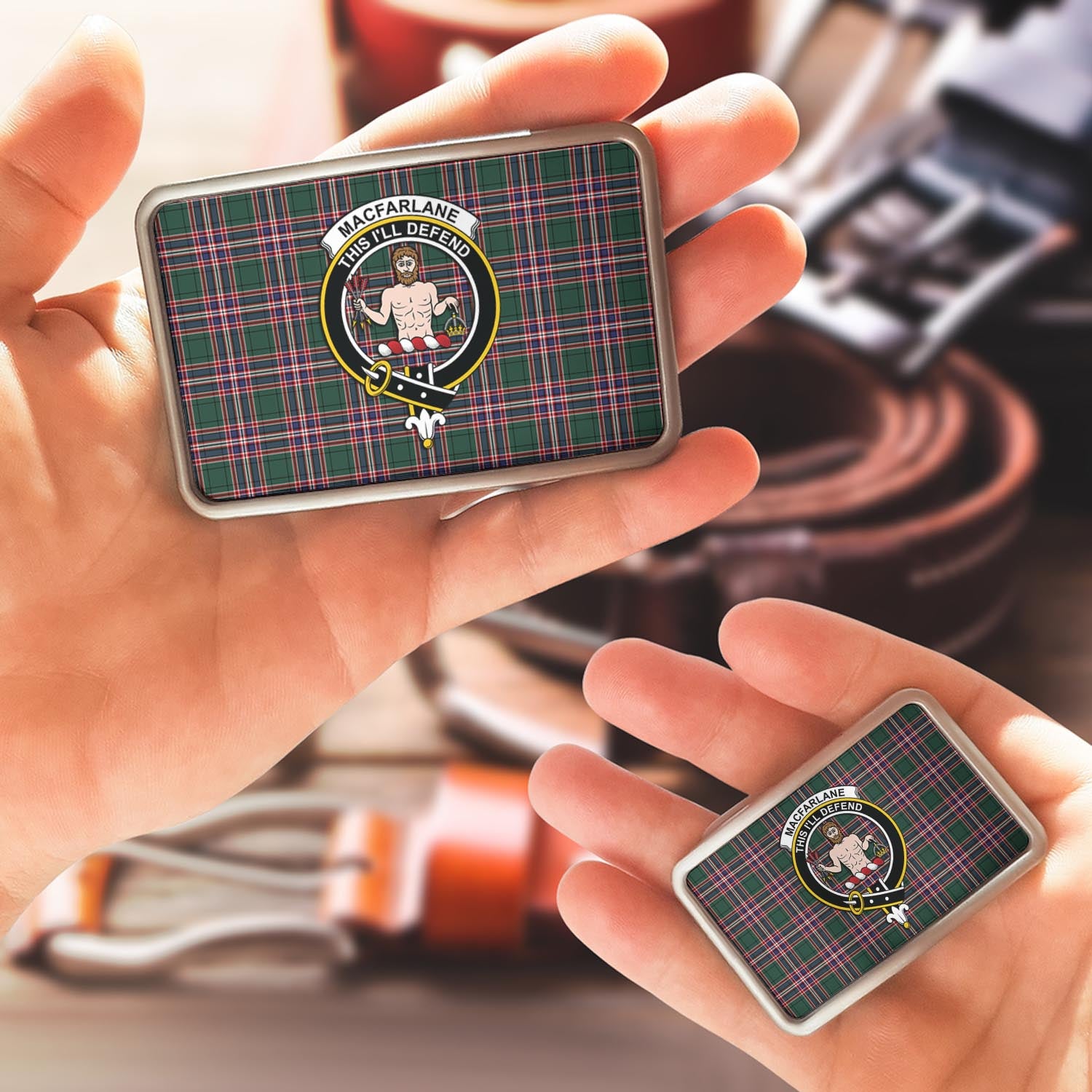 MacFarlane Hunting Modern Tartan Belt Buckles with Family Crest - Tartanvibesclothing