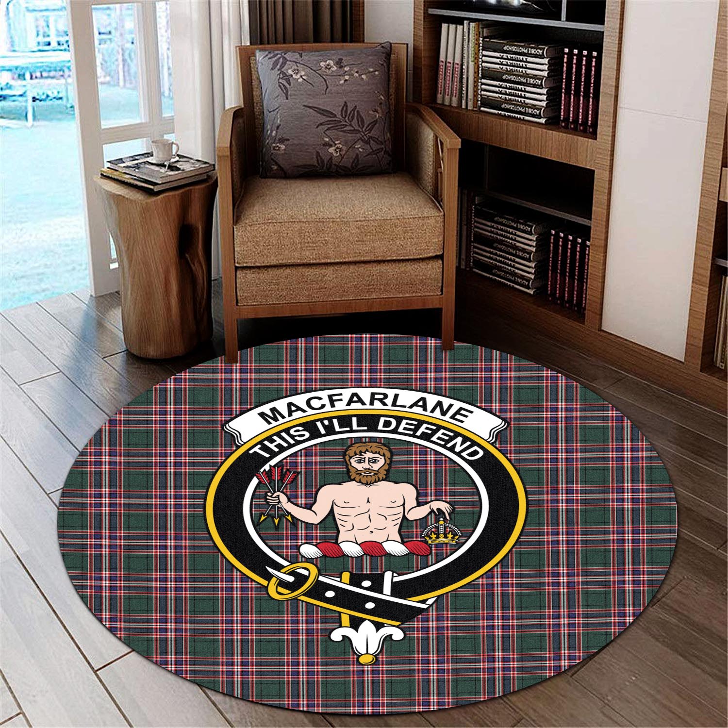 macfarlane-hunting-modern-tartan-round-rug-with-family-crest