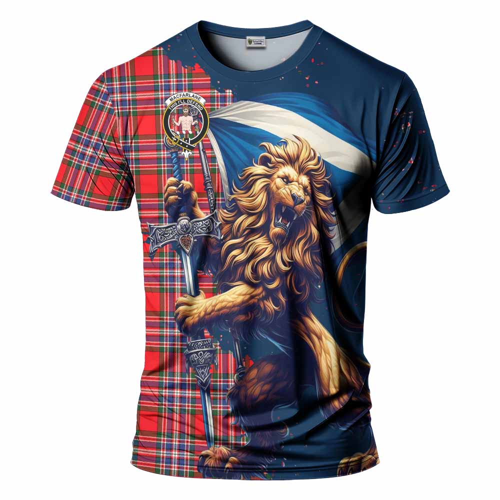 Tartan Vibes Clothing MacFarlane (McFarlane) Tartan Family Crest T-Shirt with Scottish Majestic Lion