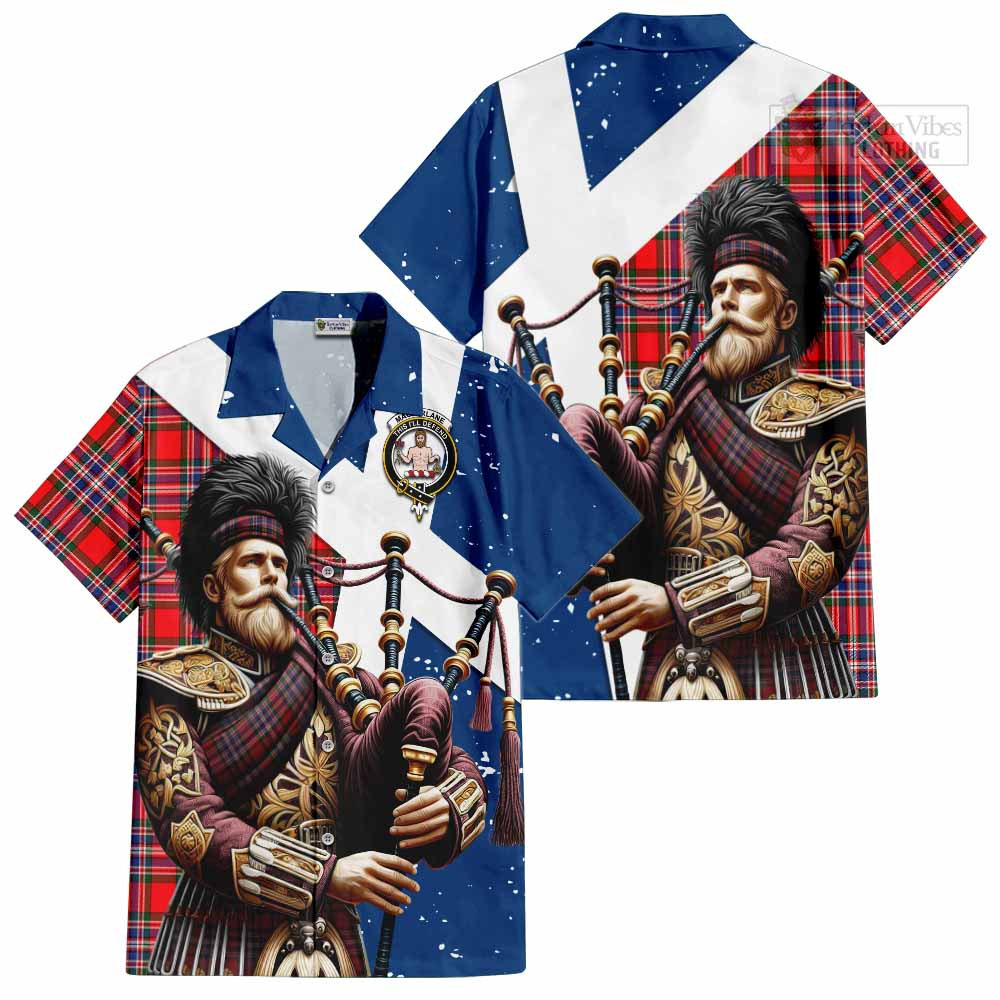 Tartan Vibes Clothing MacFarlane (McFarlane) Tartan Short Sleeve Button Shirt with Family Crest Scottish Bagpiper Vibes