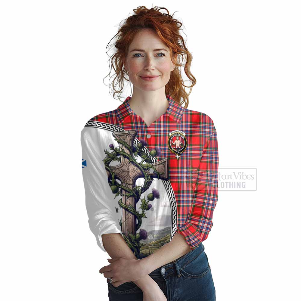 Tartan Vibes Clothing MacFarlane (McFarlane) Tartan Women's Casual Shirt with Family Crest and St. Andrew's Cross Accented by Thistle Vines