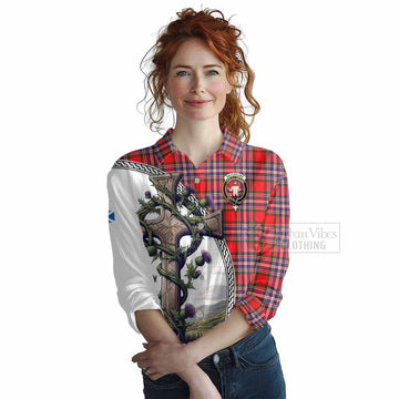 MacFarlane (McFarlane) Tartan Women's Casual Shirt with Family Crest and St. Andrew's Cross Accented by Thistle Vines