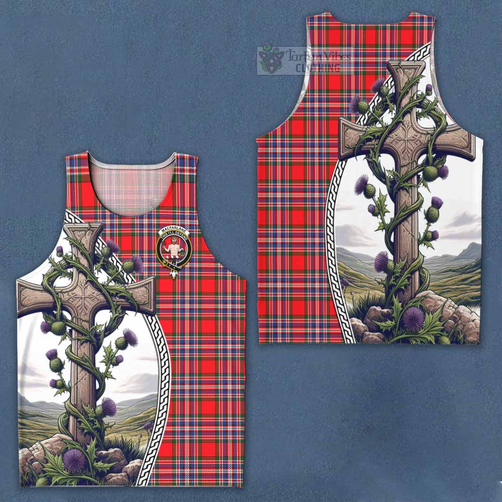 Tartan Vibes Clothing MacFarlane (McFarlane) Tartan Men's Tank Top with Family Crest and St. Andrew's Cross Accented by Thistle Vines