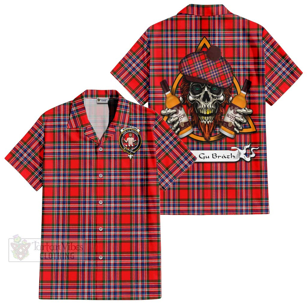 Tartan Vibes Clothing MacFarlane (McFarlane) Tartan Short Sleeve Button Shirt with Family Crest and Bearded Skull Holding Bottles of Whiskey