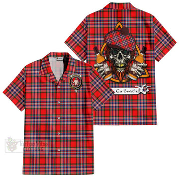 MacFarlane (McFarlane) Tartan Short Sleeve Button Shirt with Family Crest and Bearded Skull Holding Bottles of Whiskey