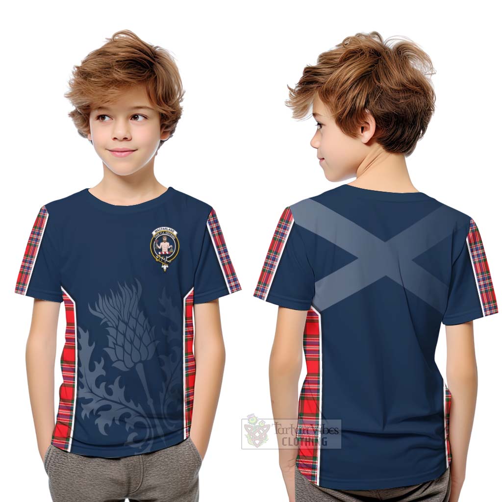 Tartan Vibes Clothing MacFarlane (McFarlane) Tartan Kid T-Shirt with Family Crest and Scottish Thistle Vibes Sport Style