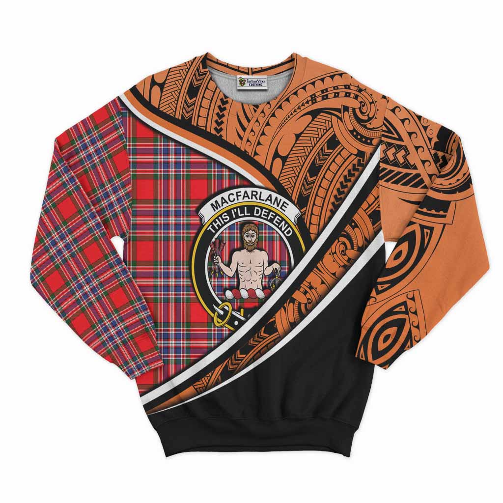 Tartan Vibes Clothing MacFarlane (McFarlane) Crest Tartan Sweatshirt with Maori Tattoo Style - Orange Version