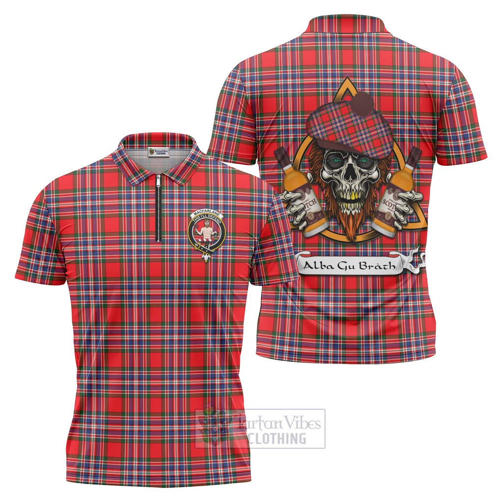 Tartan Vibes Clothing MacFarlane (McFarlane) Tartan Zipper Polo Shirt with Family Crest and Bearded Skull Holding Bottles of Whiskey